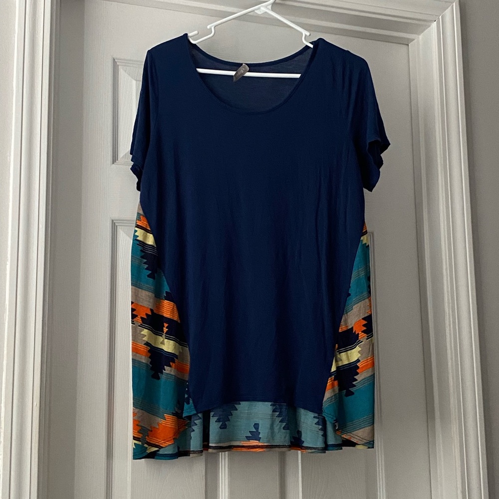 Navy Short-Sleeve Tunic with Teal & Orange Southwestern Panels